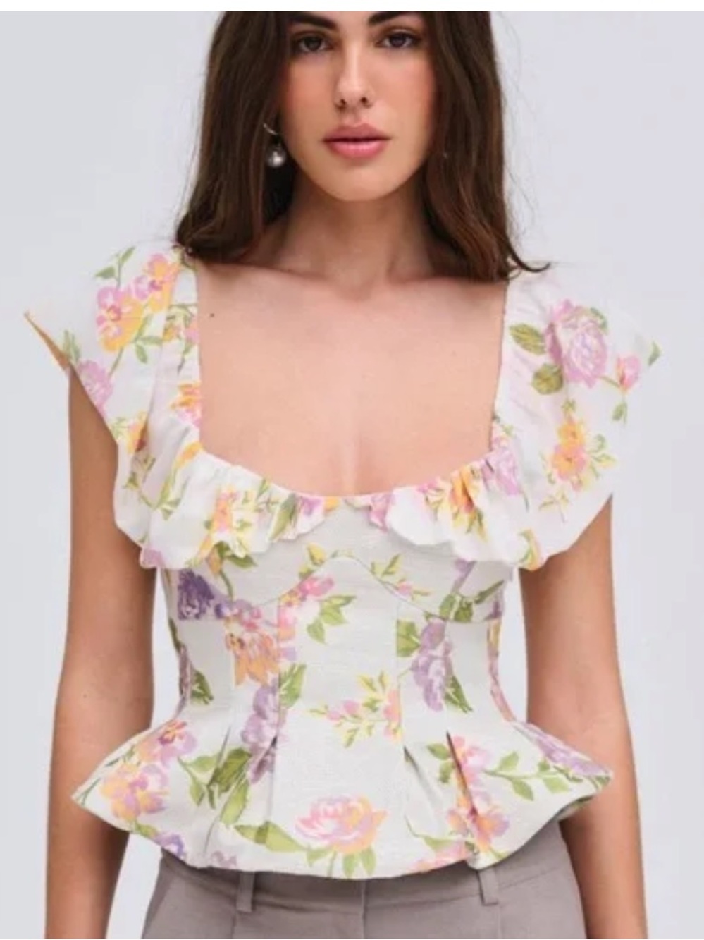 For Love And Lemons Cream Floral Ruffled Peplum Top with Pastel Blooms